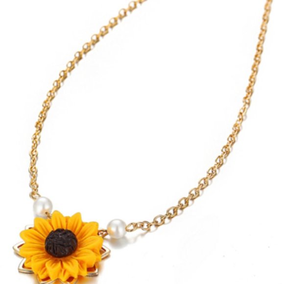 Sunflower Necklace with Gold Plated Chain and Pearl Accents - Picture 5 of 6